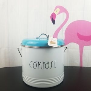 NEW Rae Dunn 8″ Teal + White COMPOST Tin